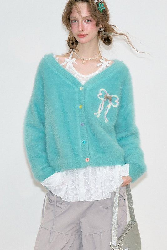 Blue-Green Bowknot Knit Cardigan