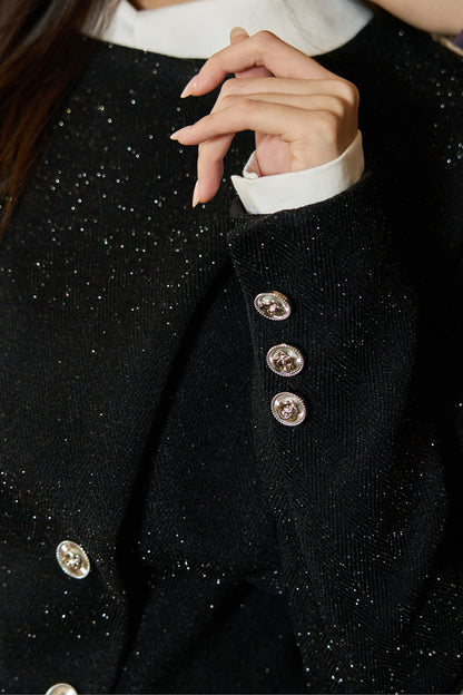 Black Shiny Waist-Cinching Blazer and Shorts Set-Up