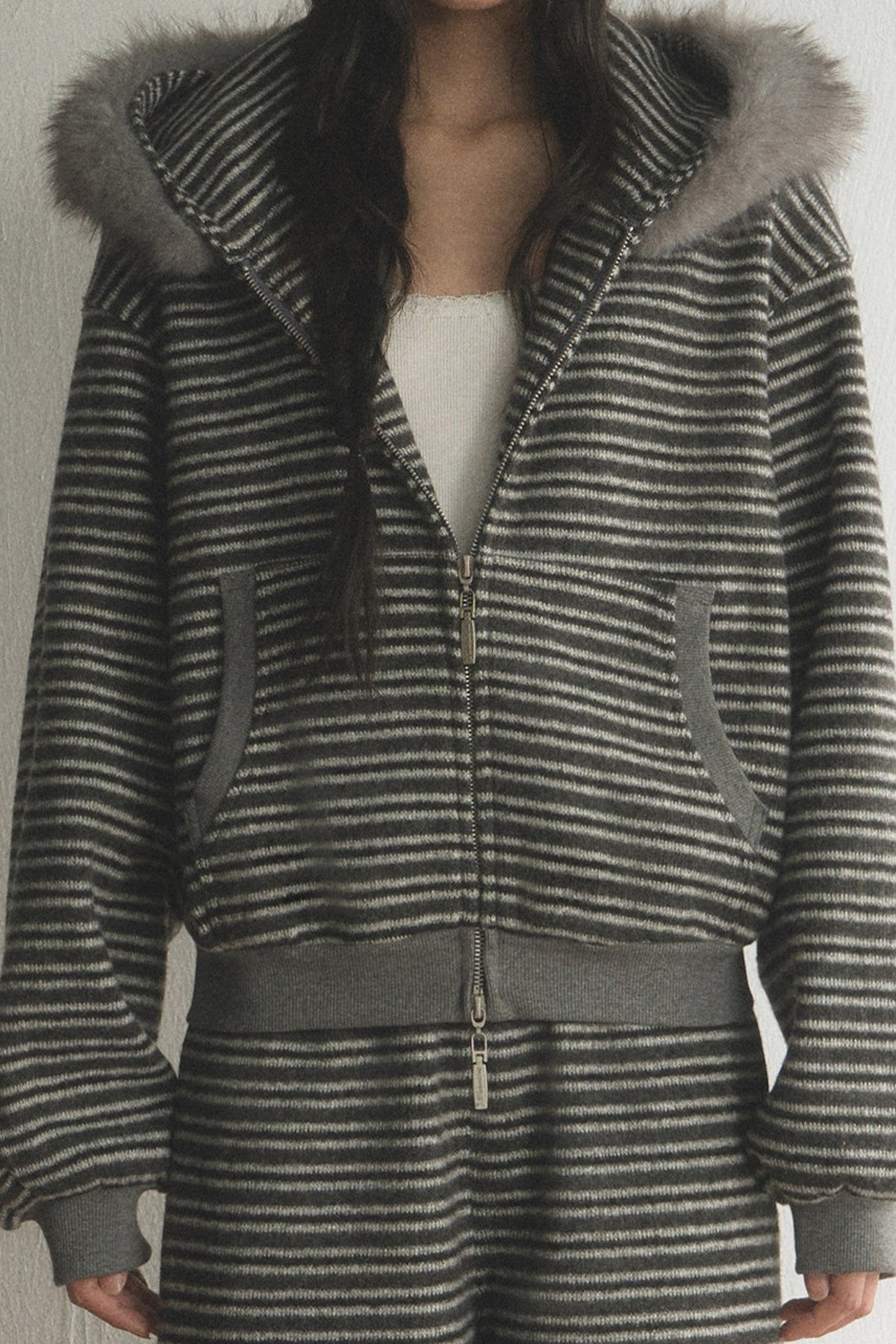 Striped Fur Collar Hooded Top and Pants Set-Up