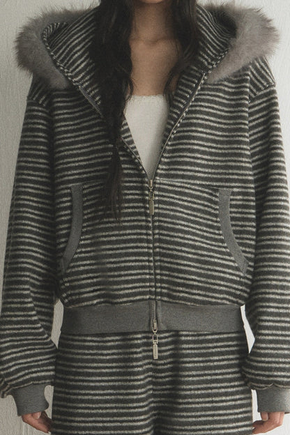 Striped Fur Collar Hooded Top and Pants Set-Up