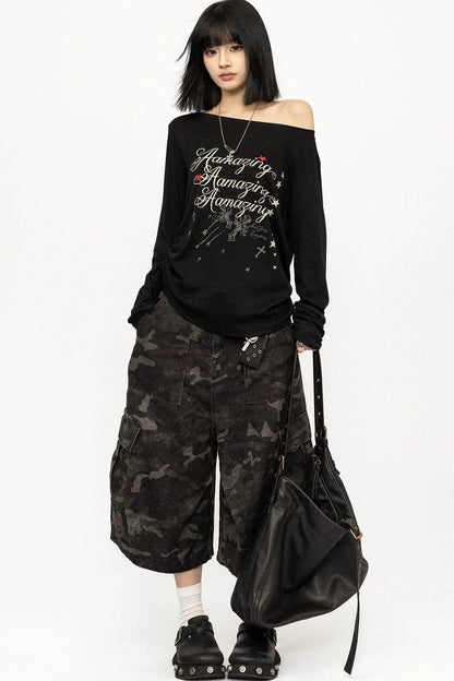 Black Off-Shoulder Letter Print Long Sleeve Tee