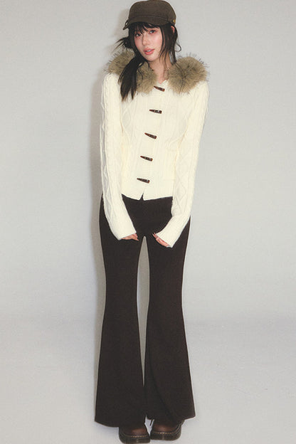 Retro Horn Button Fur Collar Knitted Cardigan