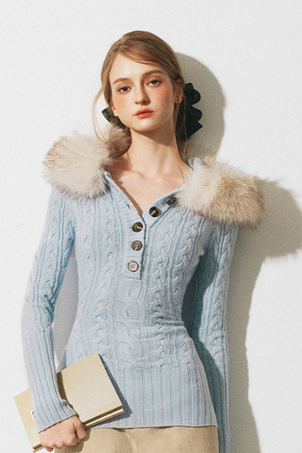 Fur-Trimmed Cable Knit Sweater