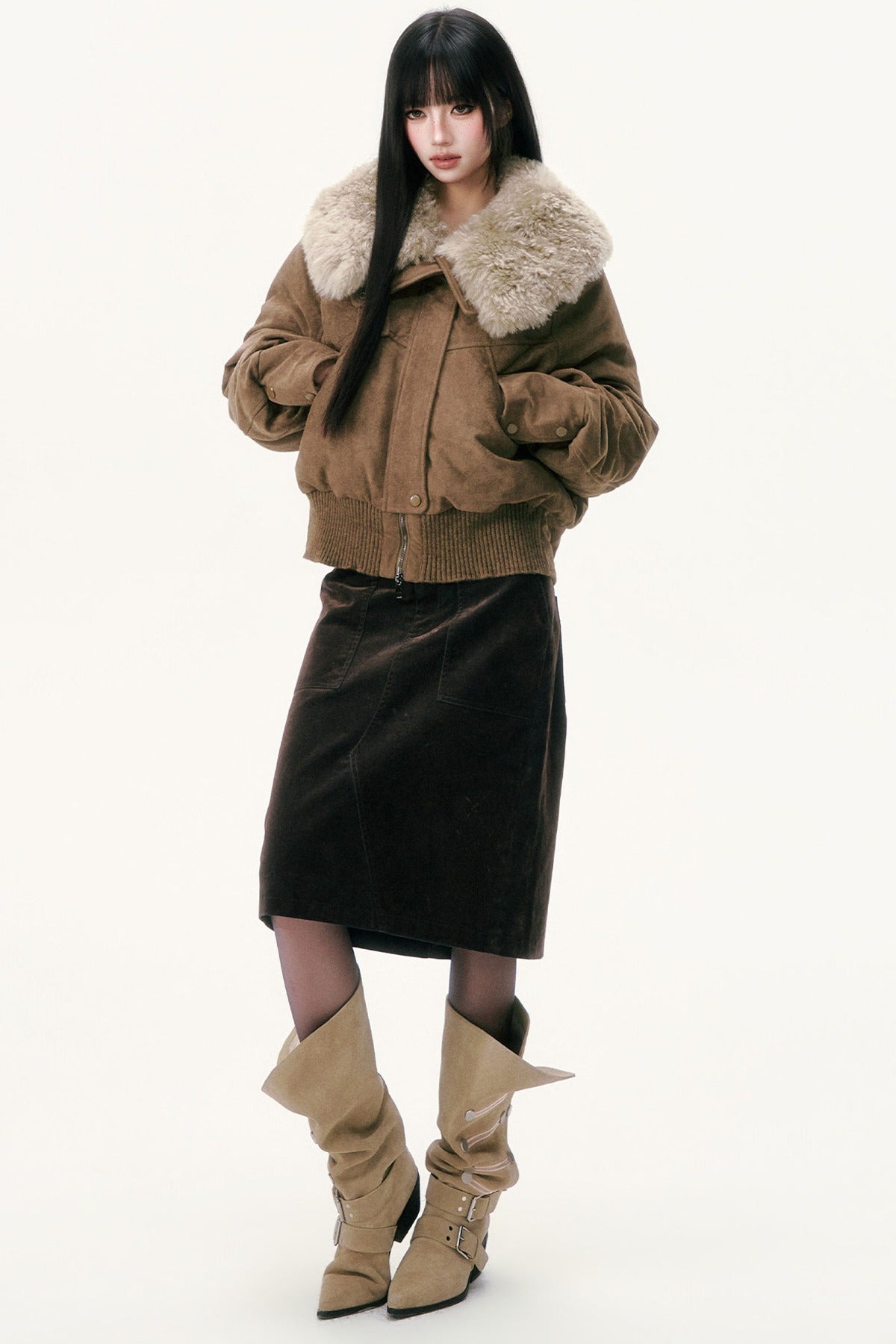 Olive Green Wool Collar Down Jacket