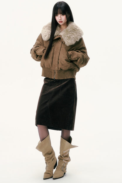 Olive Green Wool Collar Down Jacket