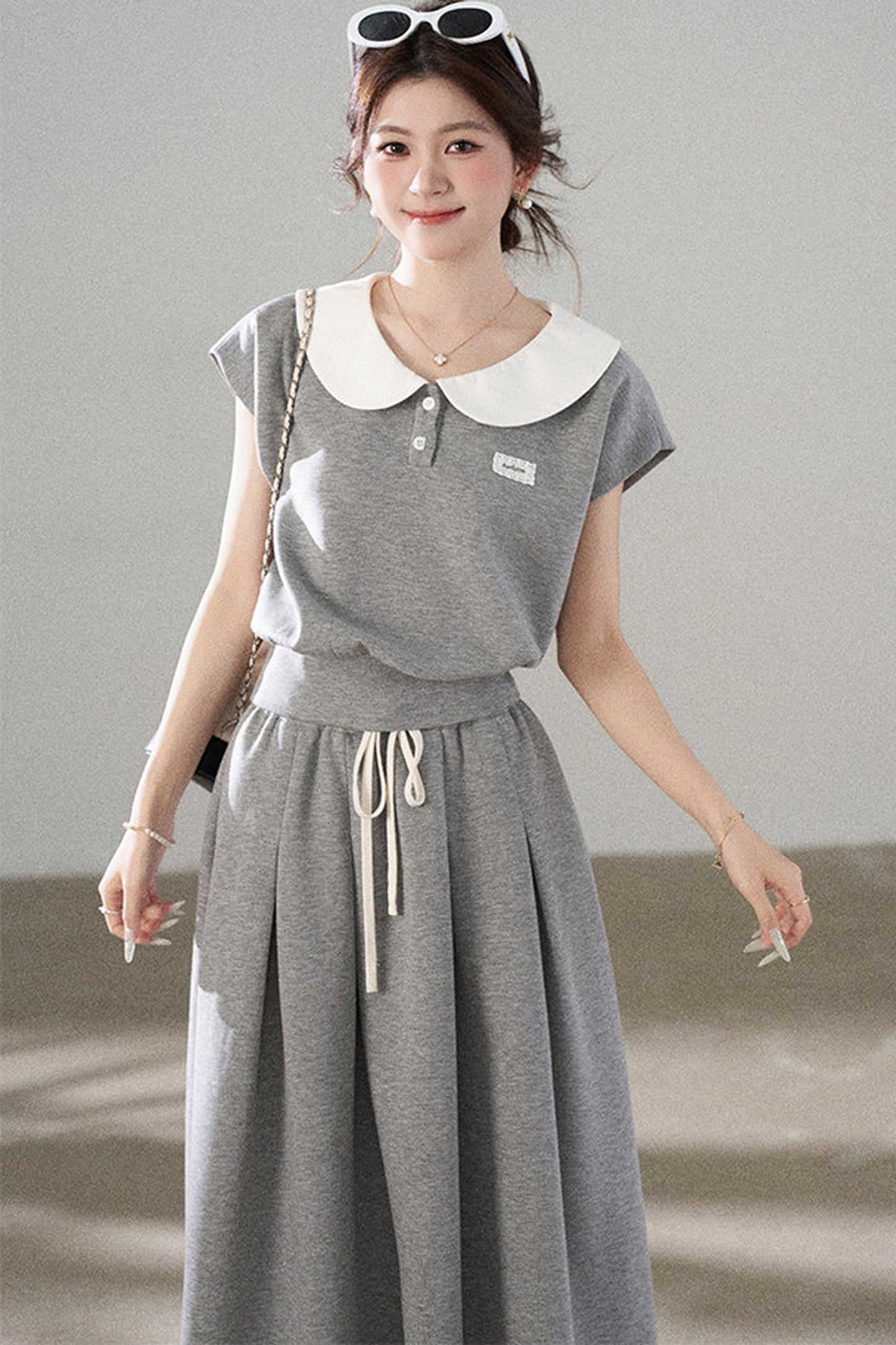 Gray Doll Collar Short-Sleeve Top and Skirt Set-Up