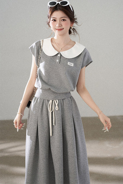 Gray Doll Collar Short-Sleeve Top and Skirt Set-Up