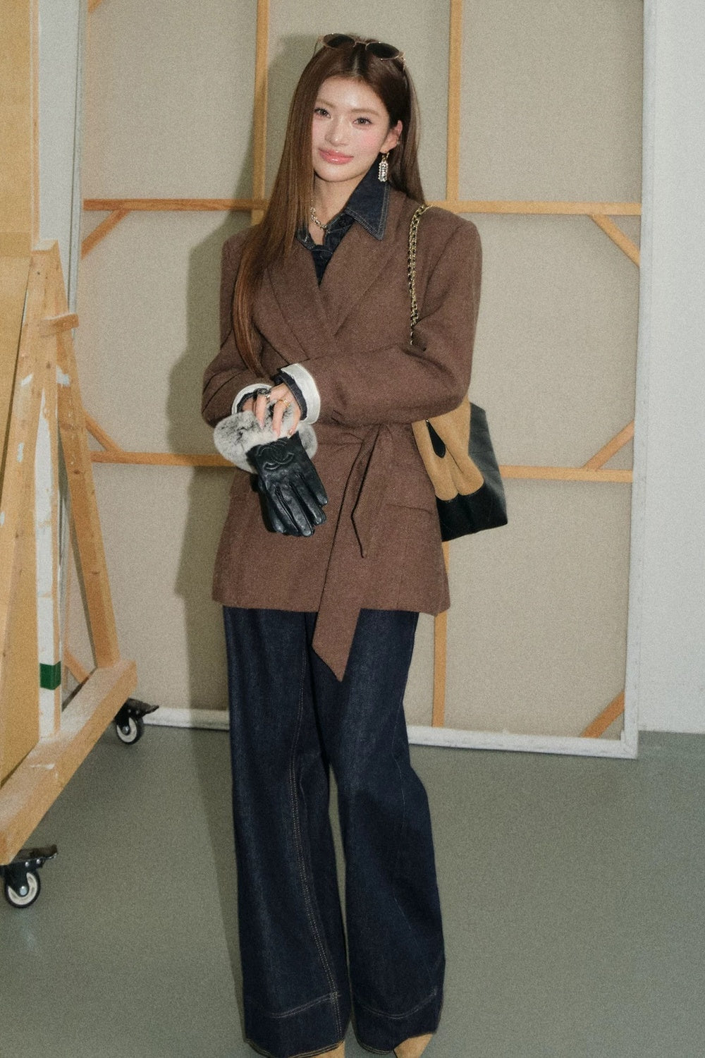 Coffee Lace-Up Woolen Linen Suit Jacket, Jeans and Top Set-Up