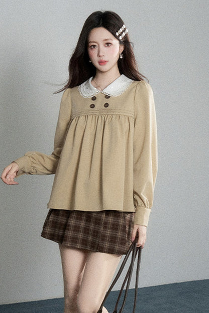 Khaki Doll Collar Pullover Shirt and Skirt Set-Up