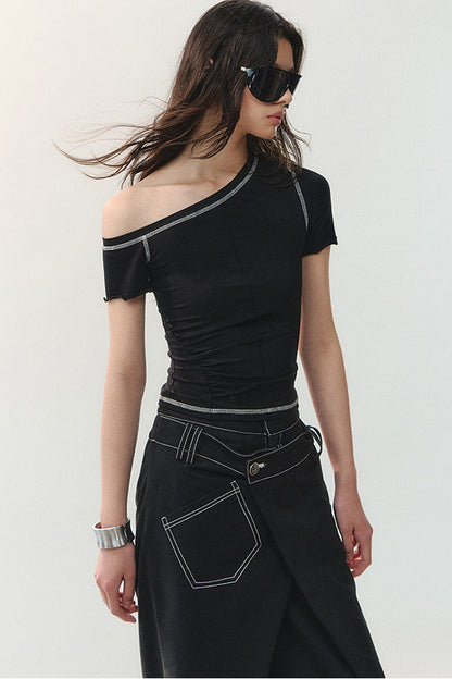 Contrast Stitching Asymmetrical Shoulder Short-Sleeve Top