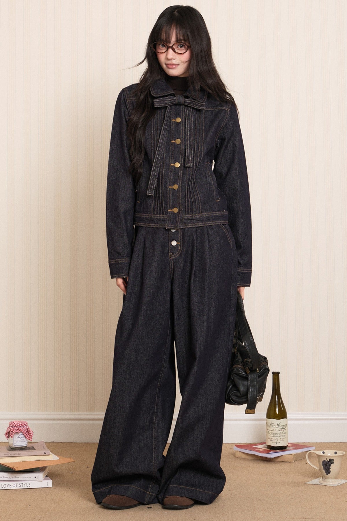Washed Denim Lapel Tie Jacket