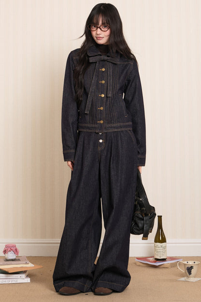 Washed Denim Lapel Tie Jacket