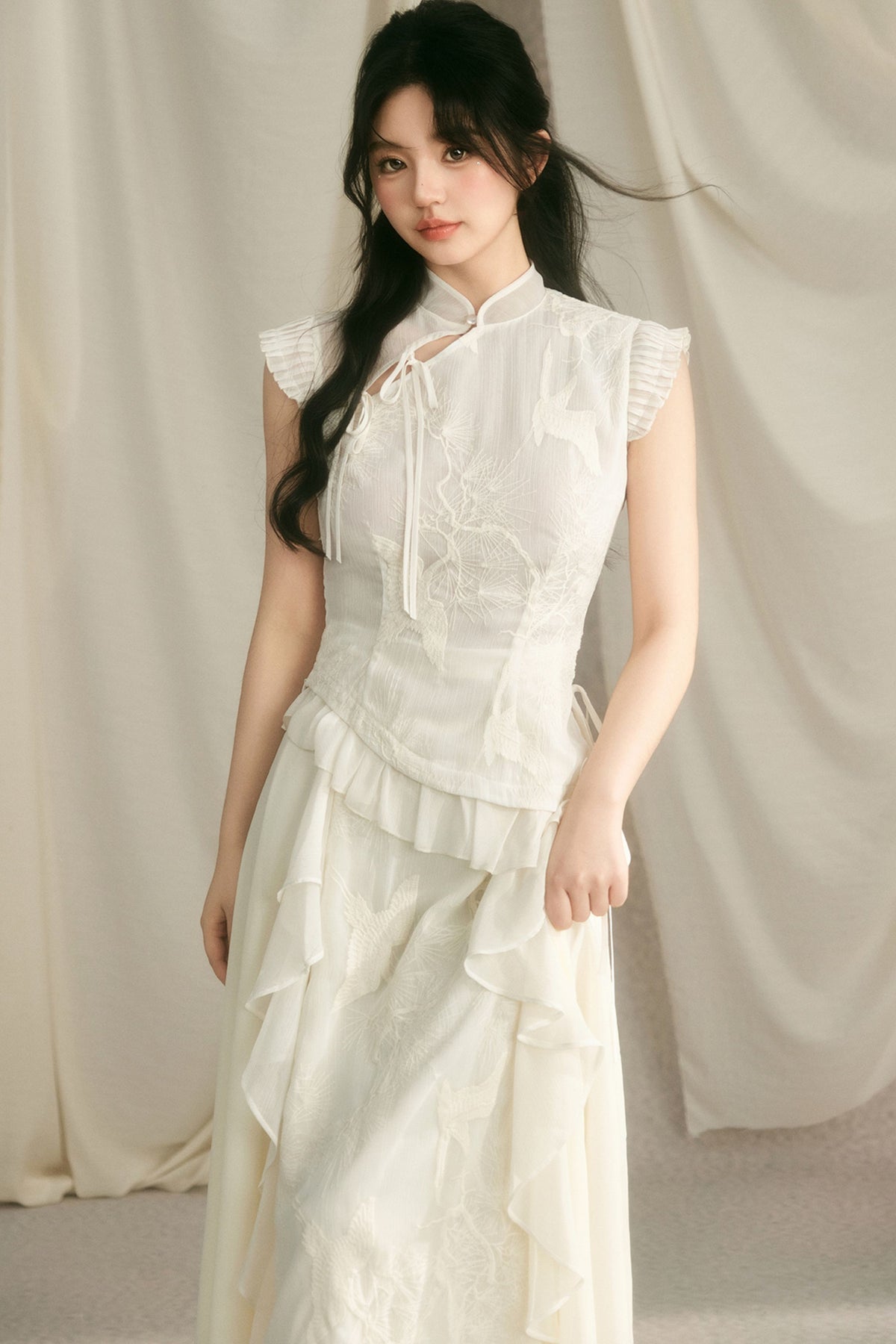 Embroidered Cheongsam Top and Ruffled Skirt Set-Up