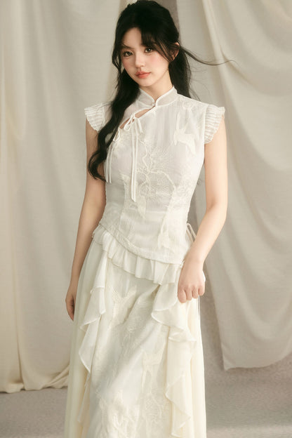 Embroidered Cheongsam Top and Ruffled Skirt Set-Up