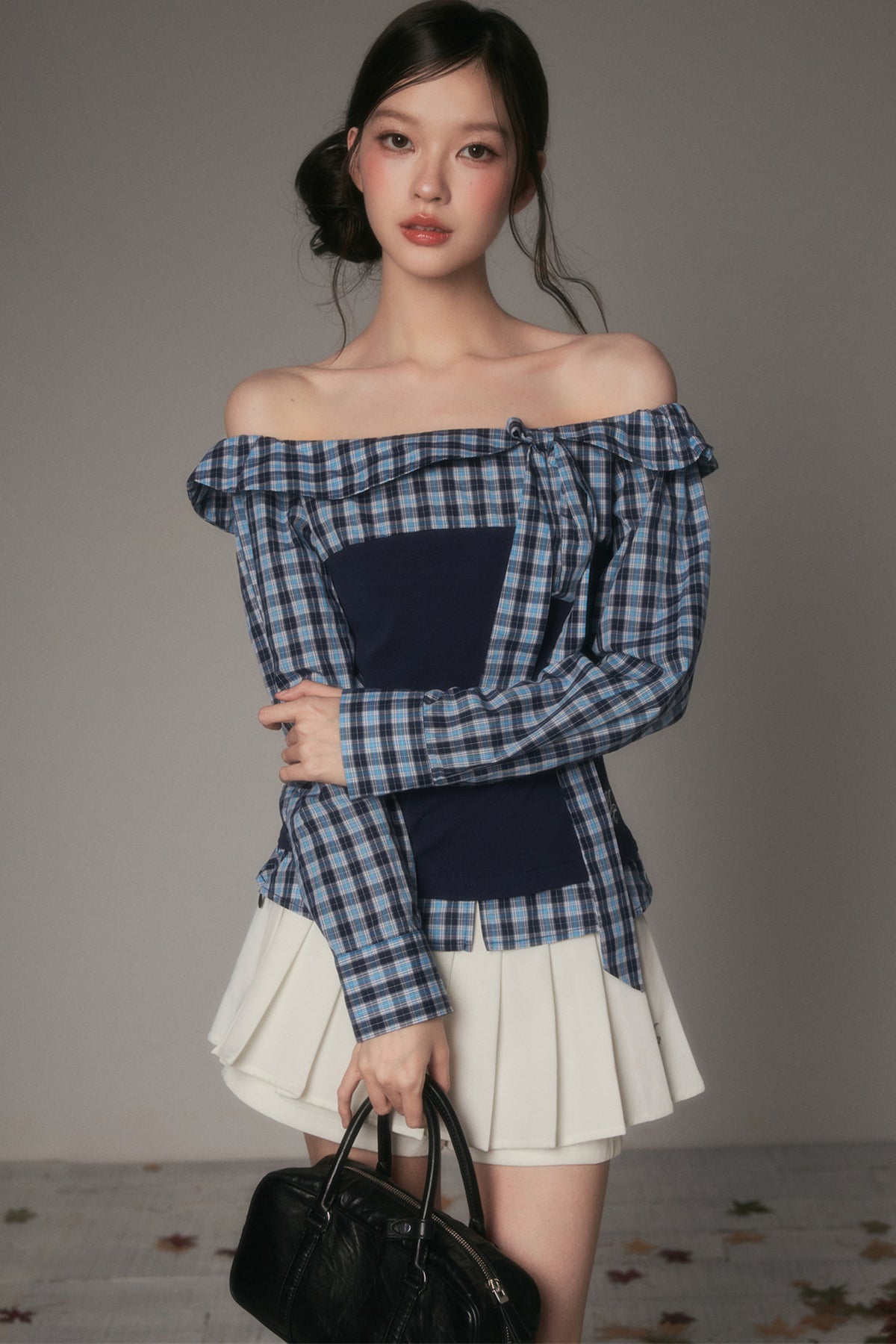 One-Shoulder Bow Spliced Long-Sleeve T-Shirt