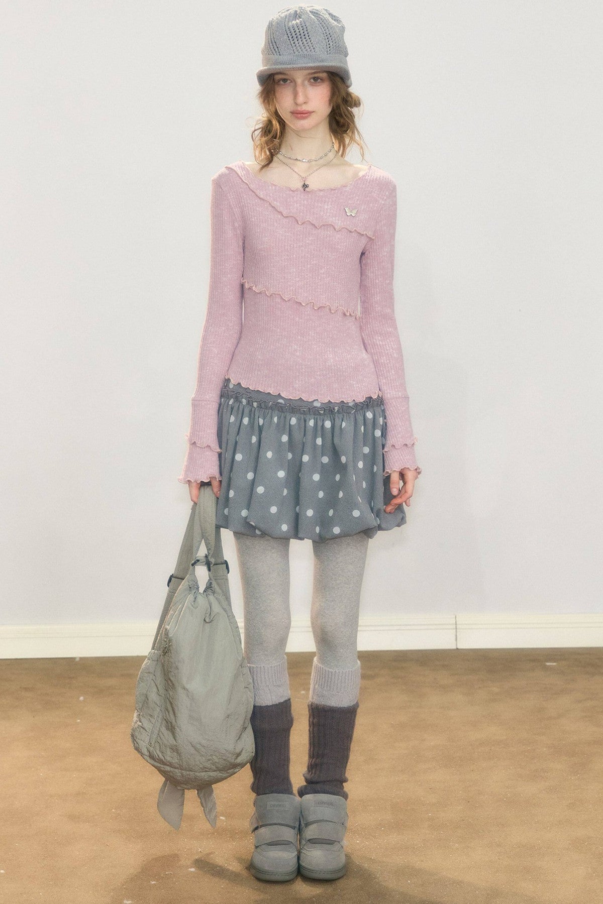 Gray Polka Dot Wool Skirt