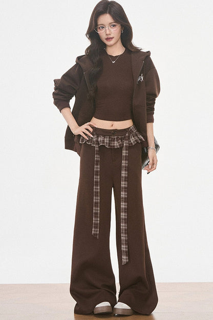 Plaid Patchwork Hooded Sweatshirt and Sweatpants Set-Up