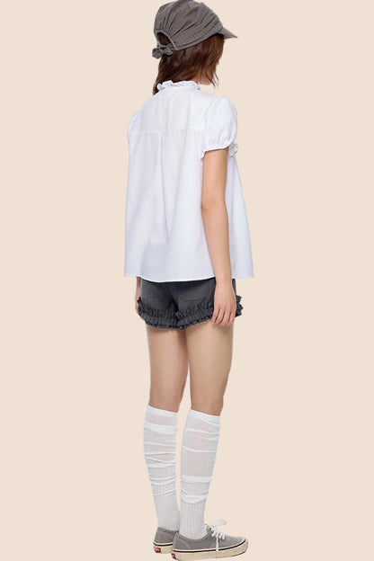 Pleated Lace Collar Short Sleeve Shirt