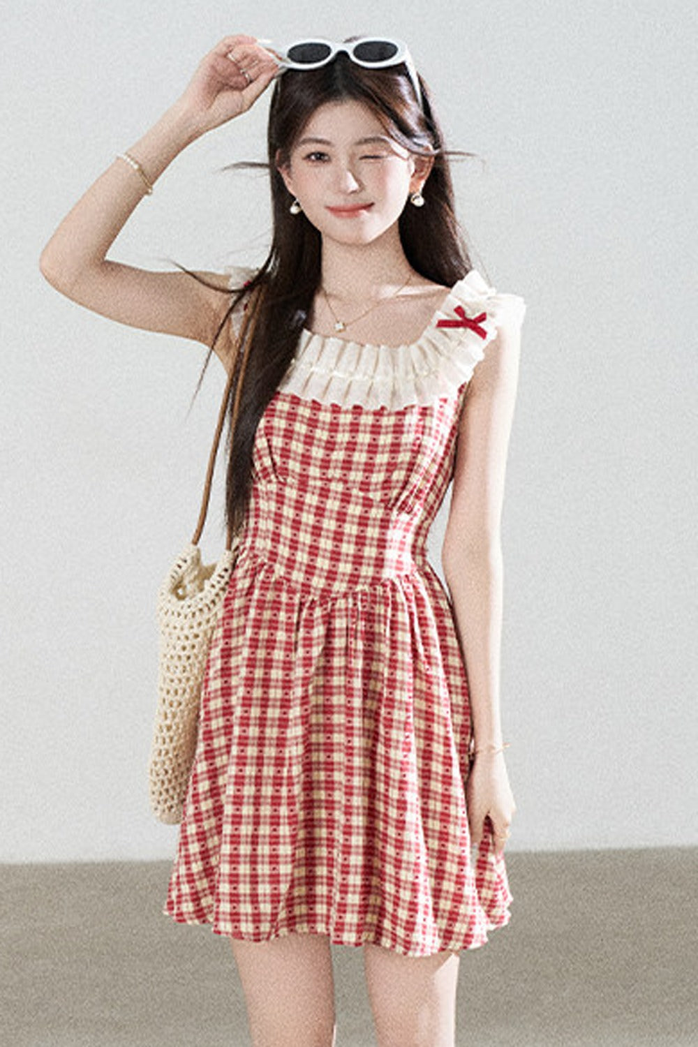 Red Plaid Sleeveless Ruffle Dress