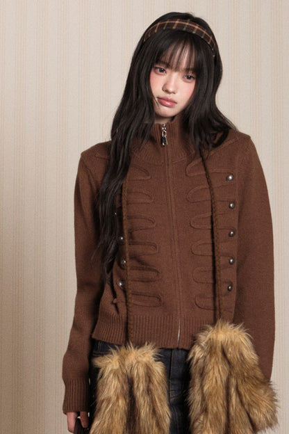 Napoleon Style Zipper Knit Cardigan