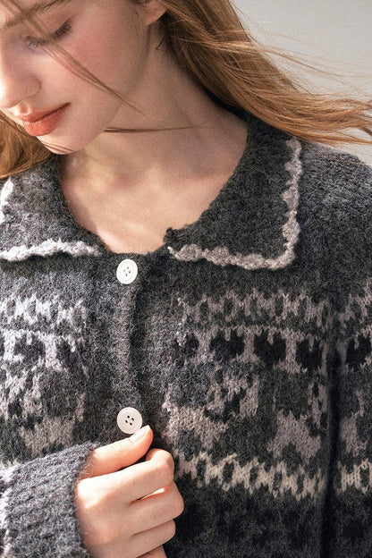 Fair Isle Knit Wool Cardigan and Skirt Set-Up