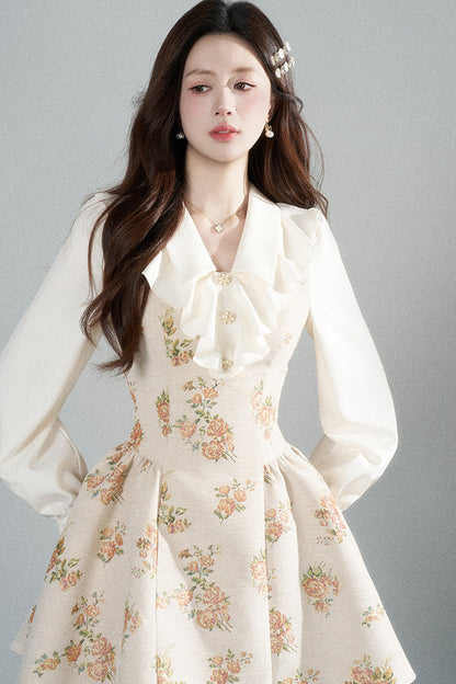 Floral Lantern Sleeve Ruffle Collar Dress
