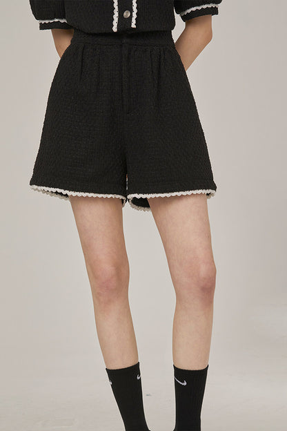 High-Waisted Lace Trim Tweed Shorts