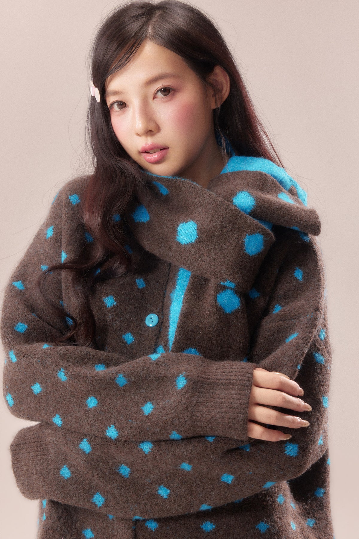 Polka Dot Scarf Knit Cardigan