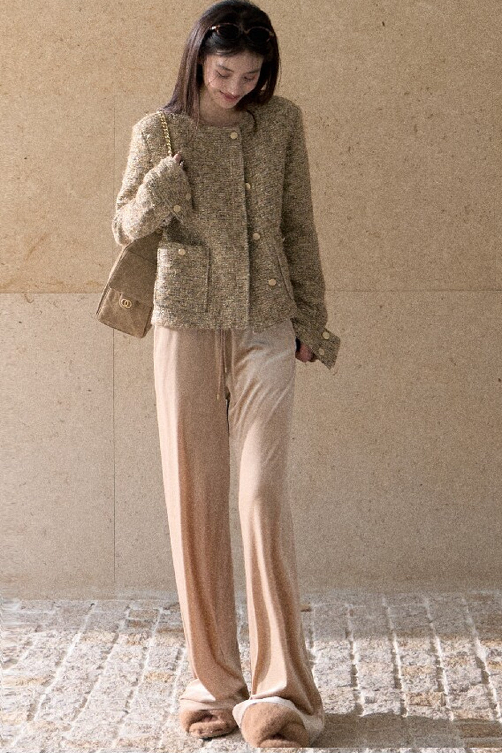 Lace Knit Long-Sleeve Top and Drape Velvet Straight-Leg Pants Set-Up