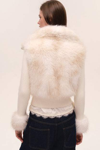 Layered-Look Fur Patchwork Knit Jacket