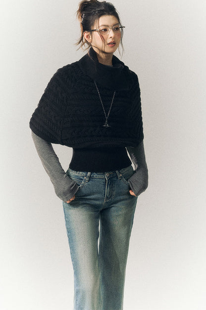 Cable Knit Lapel Cape Sweater