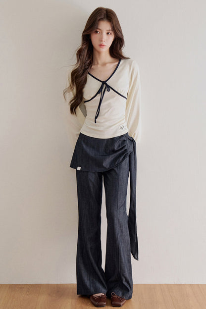 Lyocell V-Neck Tie Long-Sleeve T-Shirt