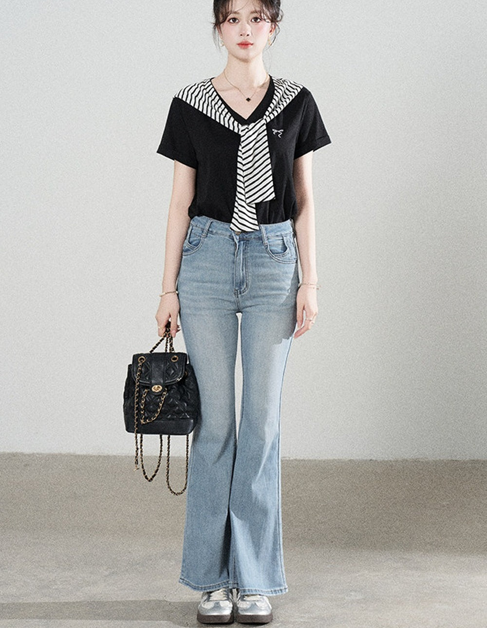 Loose Short-Sleeved Striped Shawl T-Shirt and Denim Skirt Set-Up