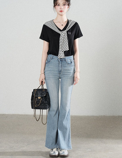 Loose Short-Sleeved Striped Shawl T-Shirt and Denim Skirt Set-Up