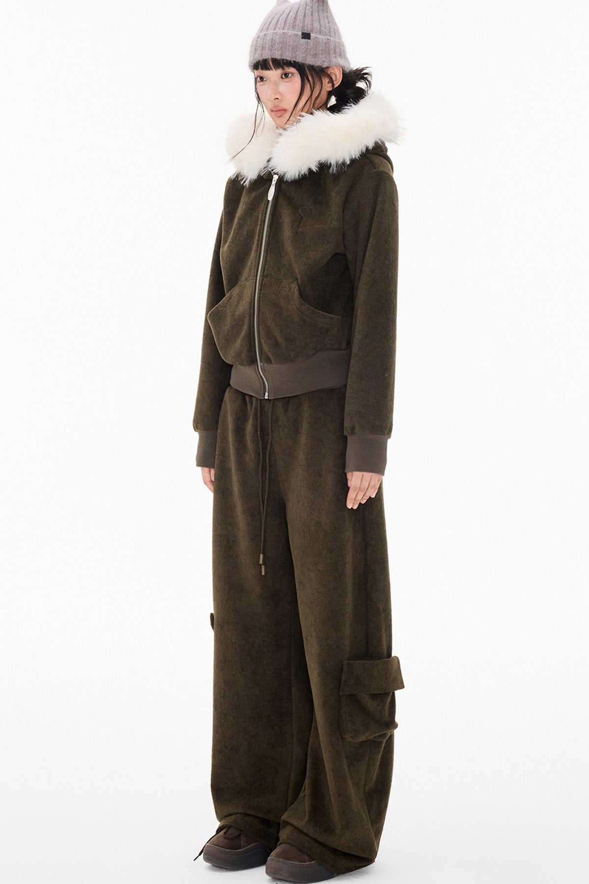 Detachable Fur Hood Jacket and Pants Set-Up