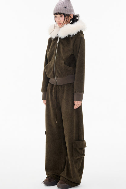 Detachable Fur Hood Jacket and Pants Set-Up