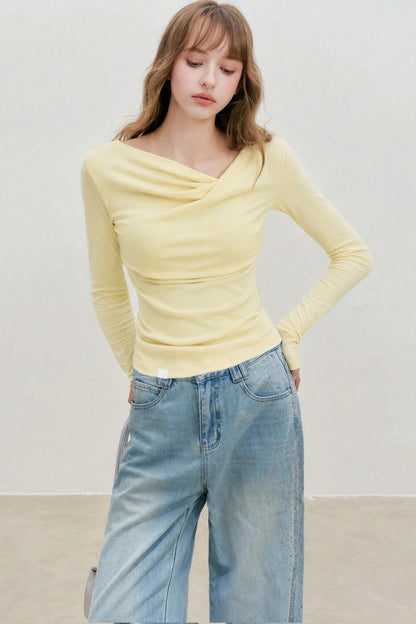Lyocell Overlapping Pleated Long-Sleeve T-Shirt