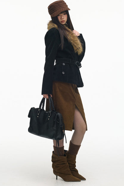 Belted Suede Fur Collar Jacket