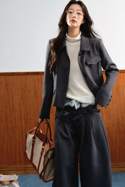 Relaxed Retro Lapel Top and Lace Waistband Pants Set-Up