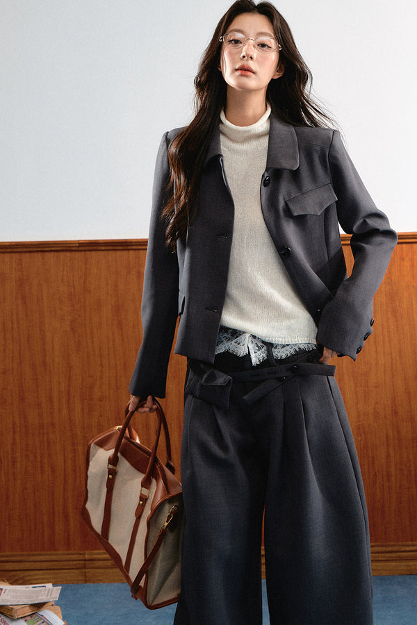Relaxed Retro Lapel Top and Lace Waistband Pants Set-Up