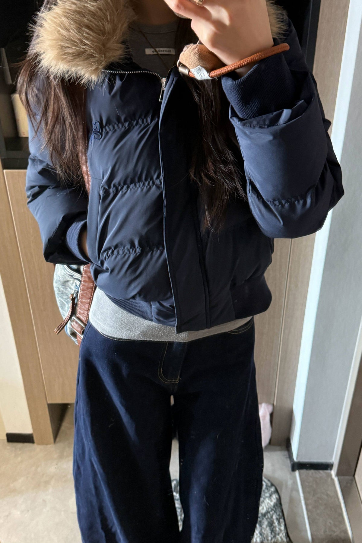 Navy Blue Fur Collar Padded Jacket and Pants Set-Up