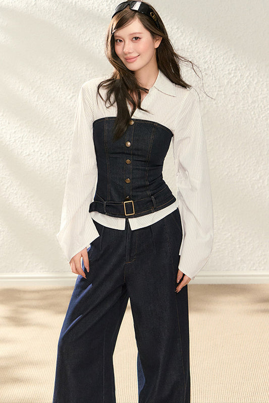 Color-Blocked Denim Two-Piece Set