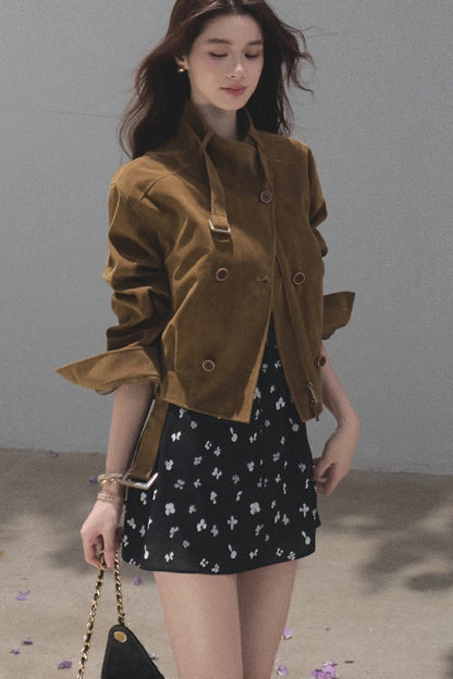 Short Suede Motorcycle Workwear Jacket