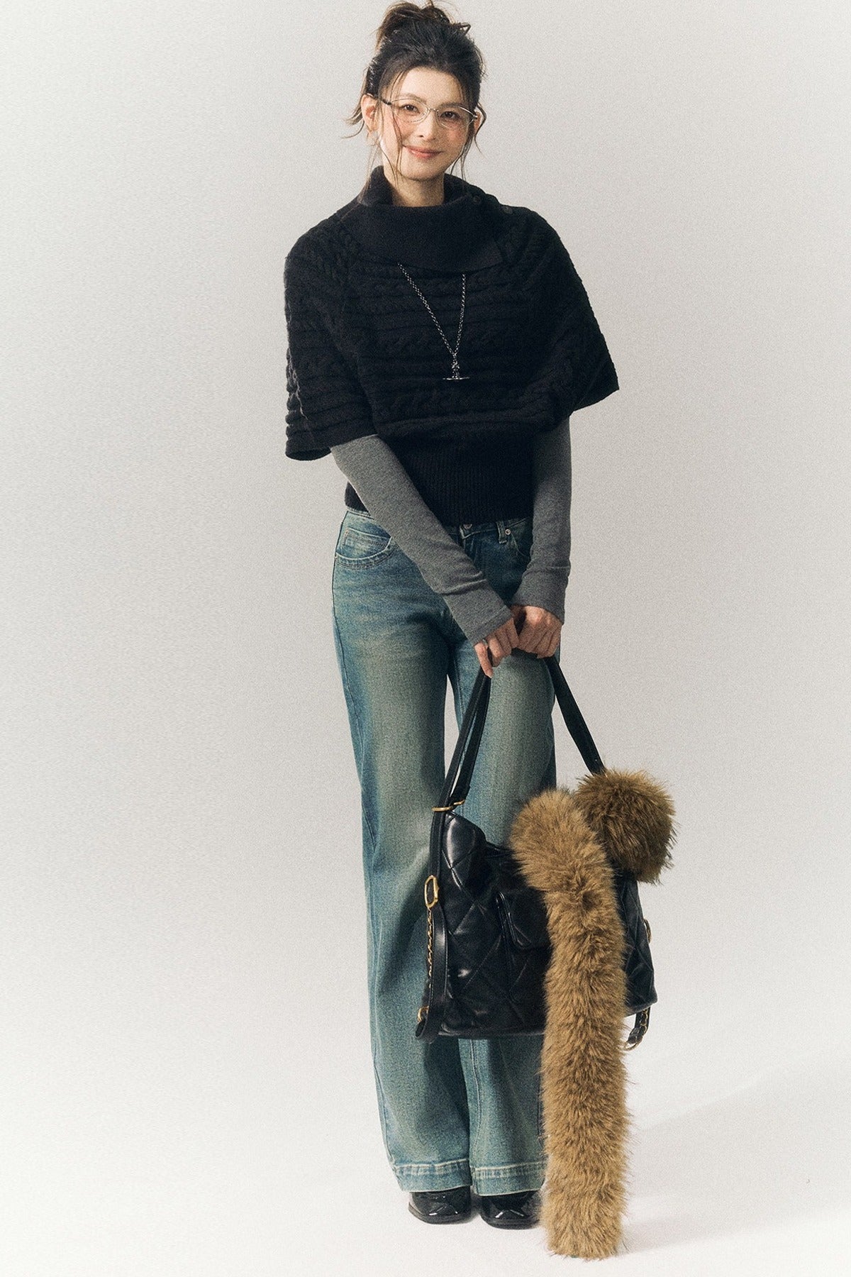 Cable Knit Lapel Cape Sweater