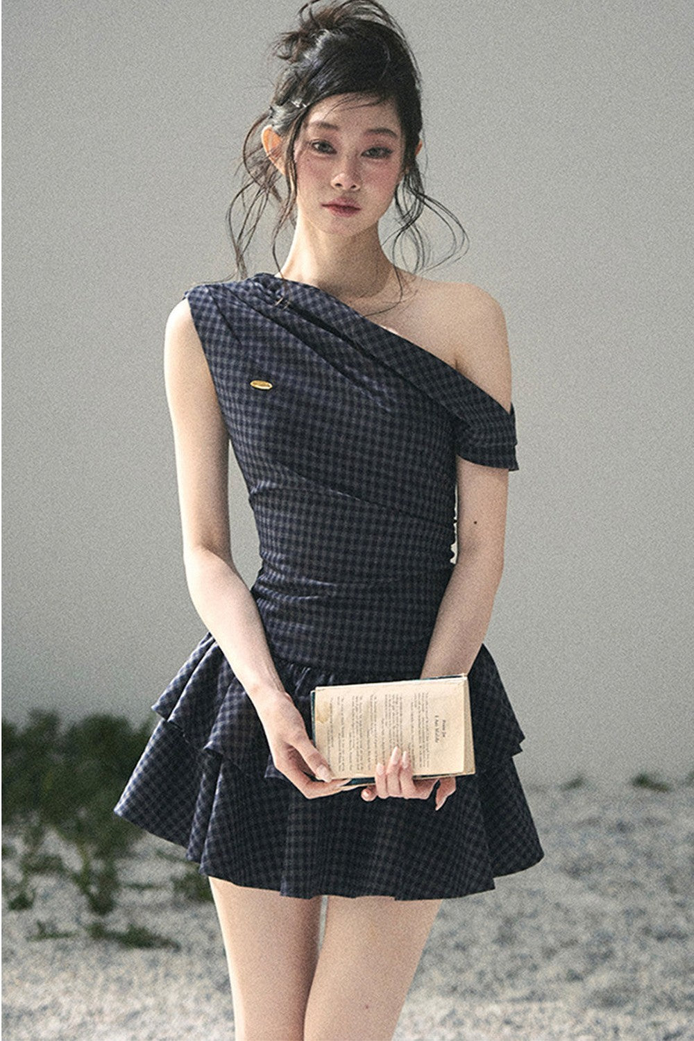 Moonlight Plaid Off-Shoulder Dress