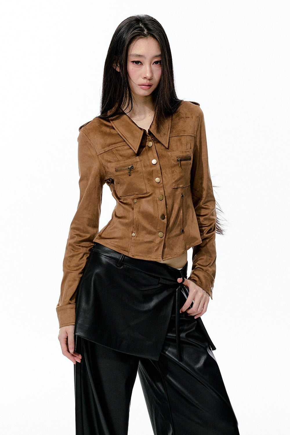 Detachable Beaded Chain Bronze Rivet Suede Shirt