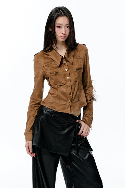 Detachable Beaded Chain Bronze Rivet Suede Shirt