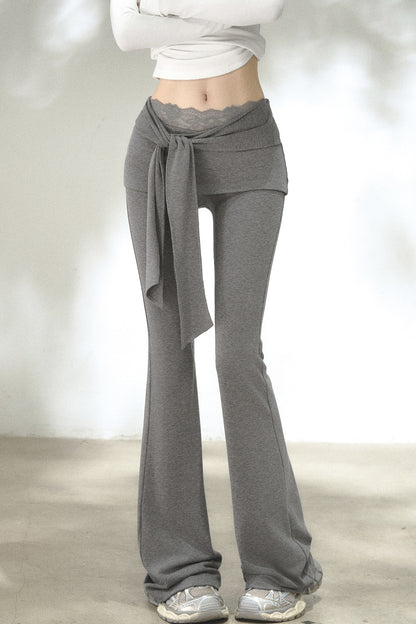 Fold-Over Waist Lace Tie-Up Flared Pants