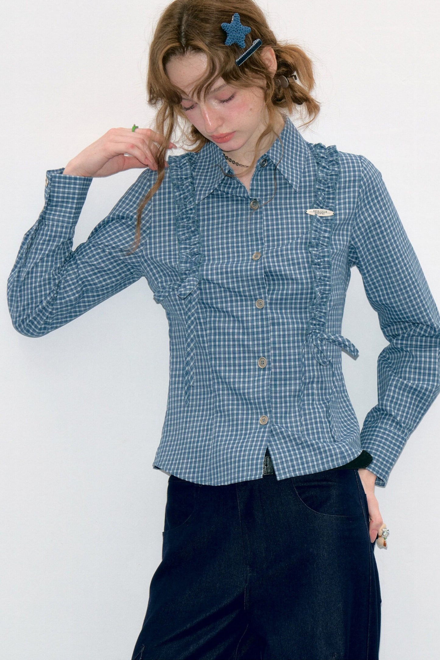Blue Plaid Slimming Long Sleeve Blouse