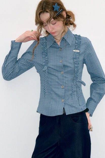 Blue Plaid Slimming Long Sleeve Blouse